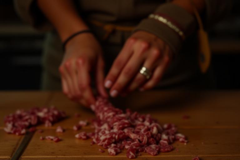 Artigiana norcina Elena Conti durante la preparazione di un salame