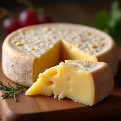 Forma di pecorino stagionato su un tagliere di legno